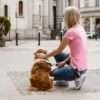 pies podczas spaceru z opiekunką z przyczepioną saszetką